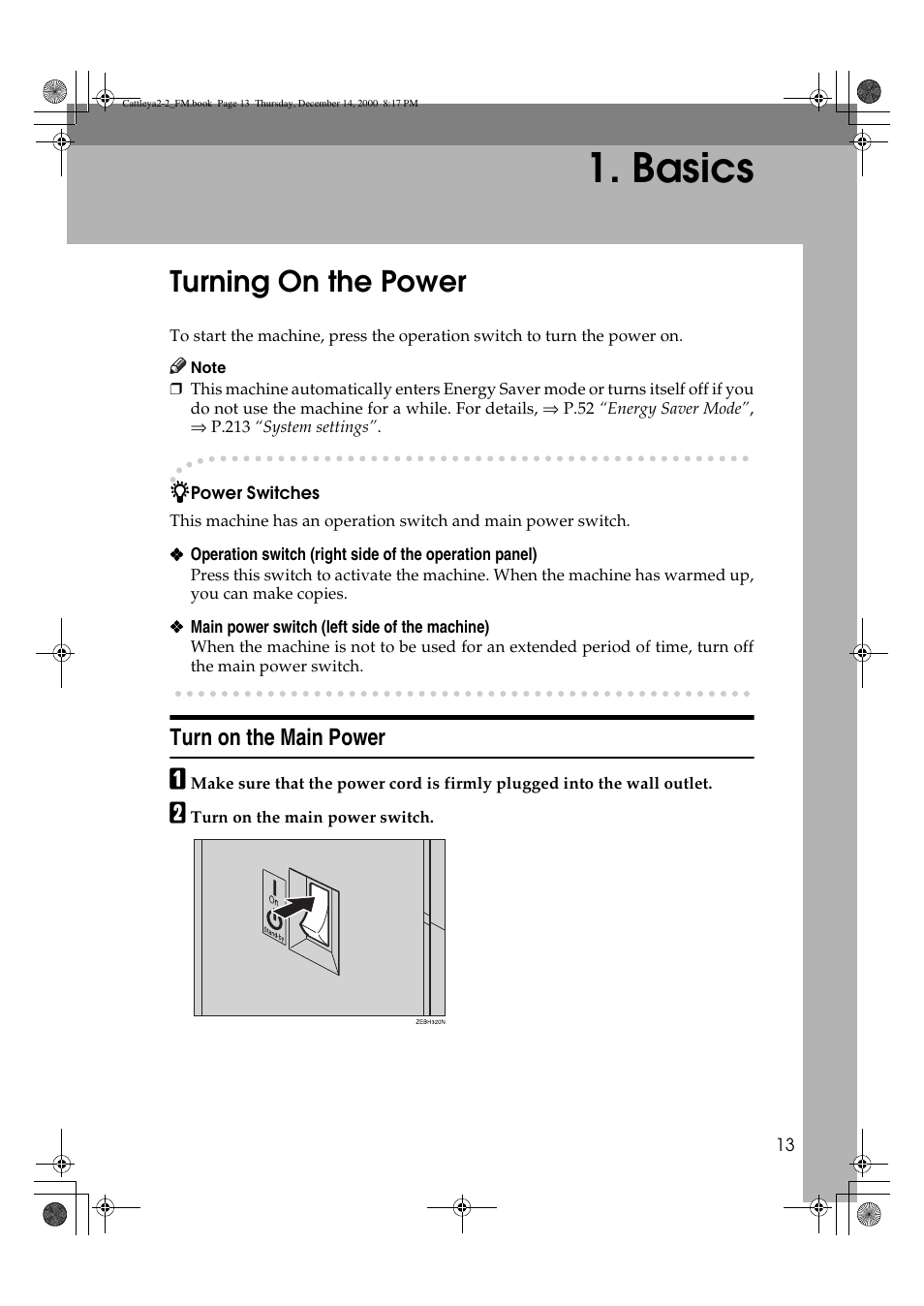 Basics, Turning on the power, Turn on the main power | Lanier 5813 User Manual | Page 29 / 264