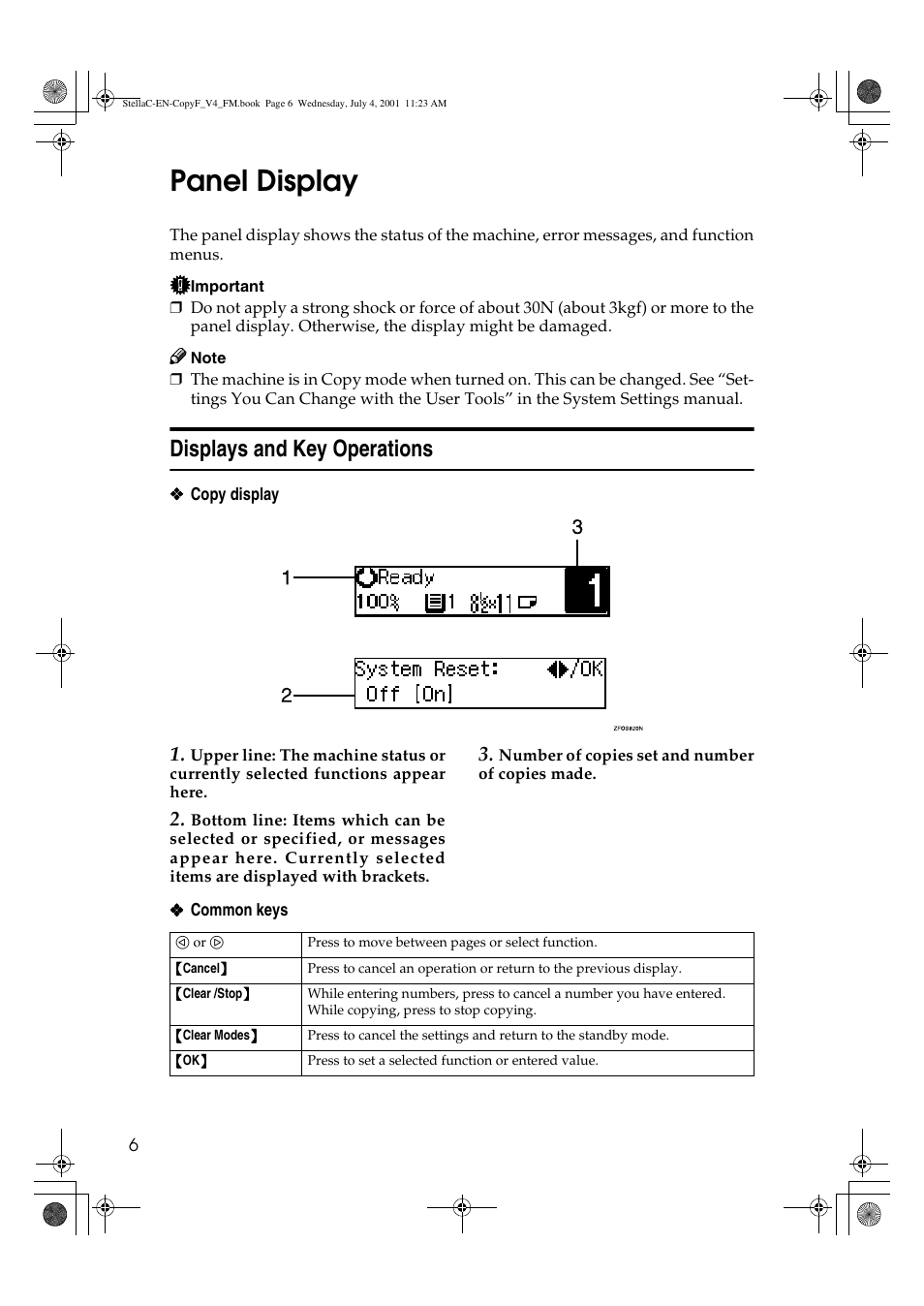 Panel display, Displays and key operations | Lanier 5613 User Manual | Page 18 / 86