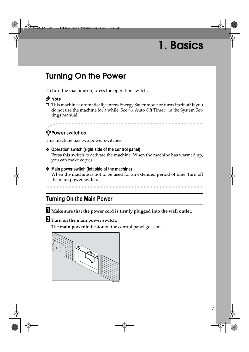 Basics, Turning on the power, Turning on the main power | Lanier 5613 User Manual | Page 19 / 86