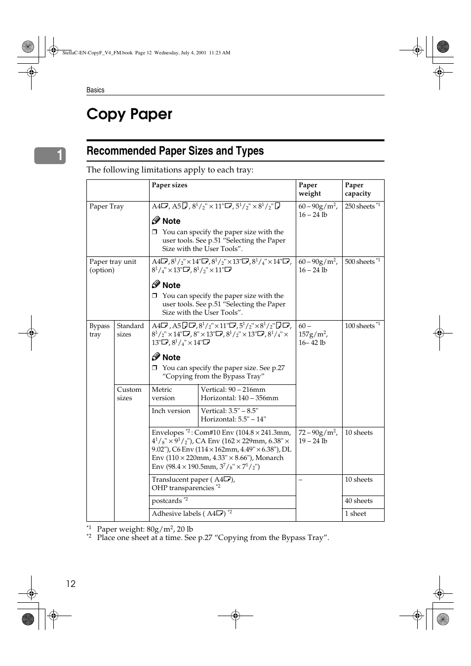 Copy paper, Recommended paper sizes and types, 1copy paper | The following limitations apply to each tray | Lanier 5613 User Manual | Page 24 / 86