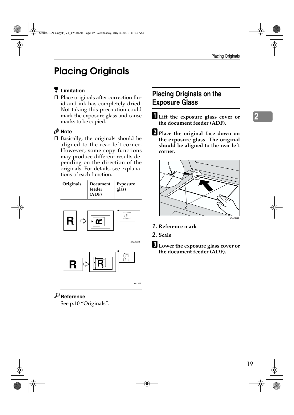 Placing originals, Placing originals on the exposure glass, 2placing originals | Lanier 5613 User Manual | Page 31 / 86