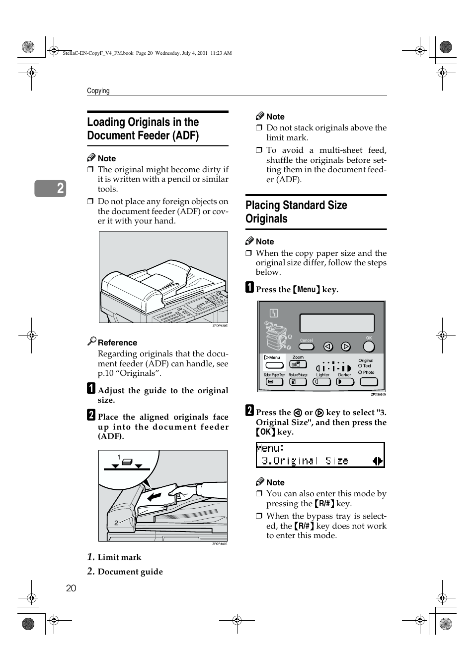 Loading originals in the document feeder (adf), Placing standard size originals | Lanier 5613 User Manual | Page 32 / 86