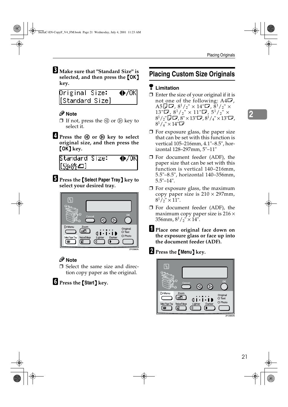 Placing custom size originals | Lanier 5613 User Manual | Page 33 / 86