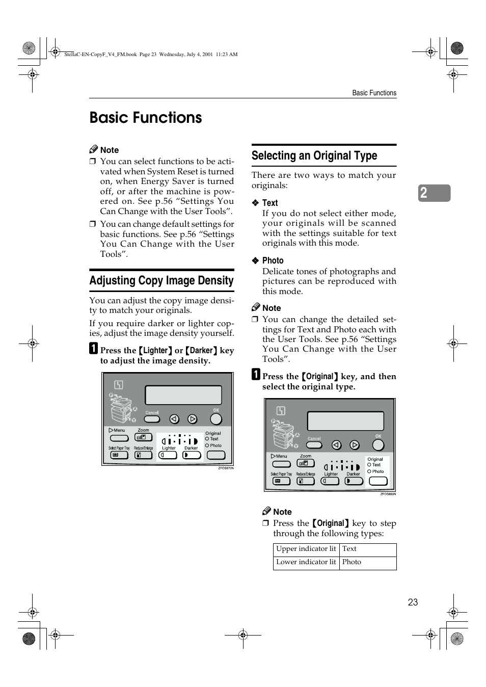 Basic functions, Adjusting copy image density, Selecting an original type | 2basic functions | Lanier 5613 User Manual | Page 35 / 86