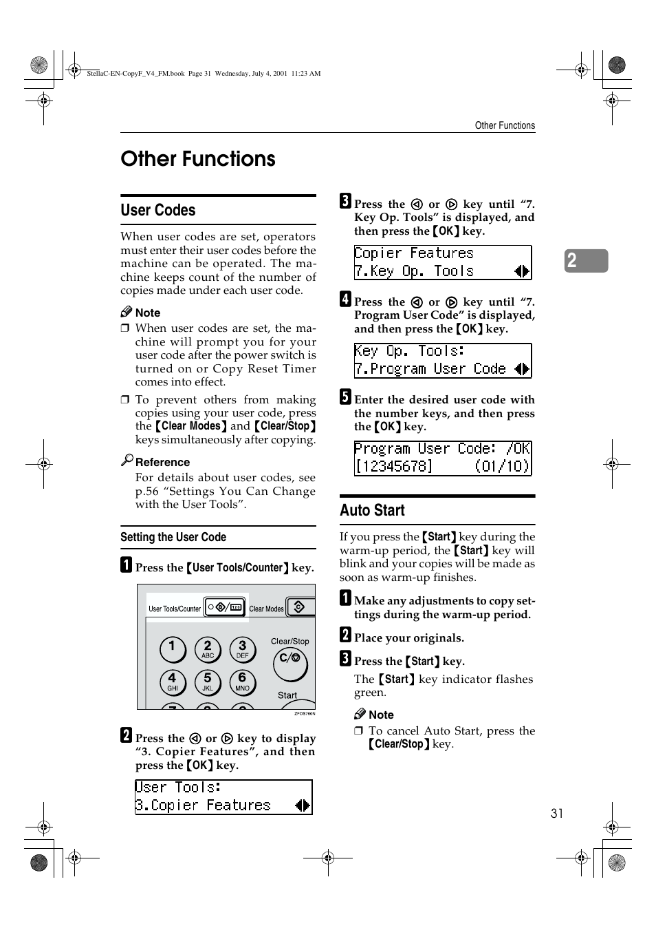 Other functions, User codes, Setting the user code | Auto start, 2other functions | Lanier 5613 User Manual | Page 43 / 86