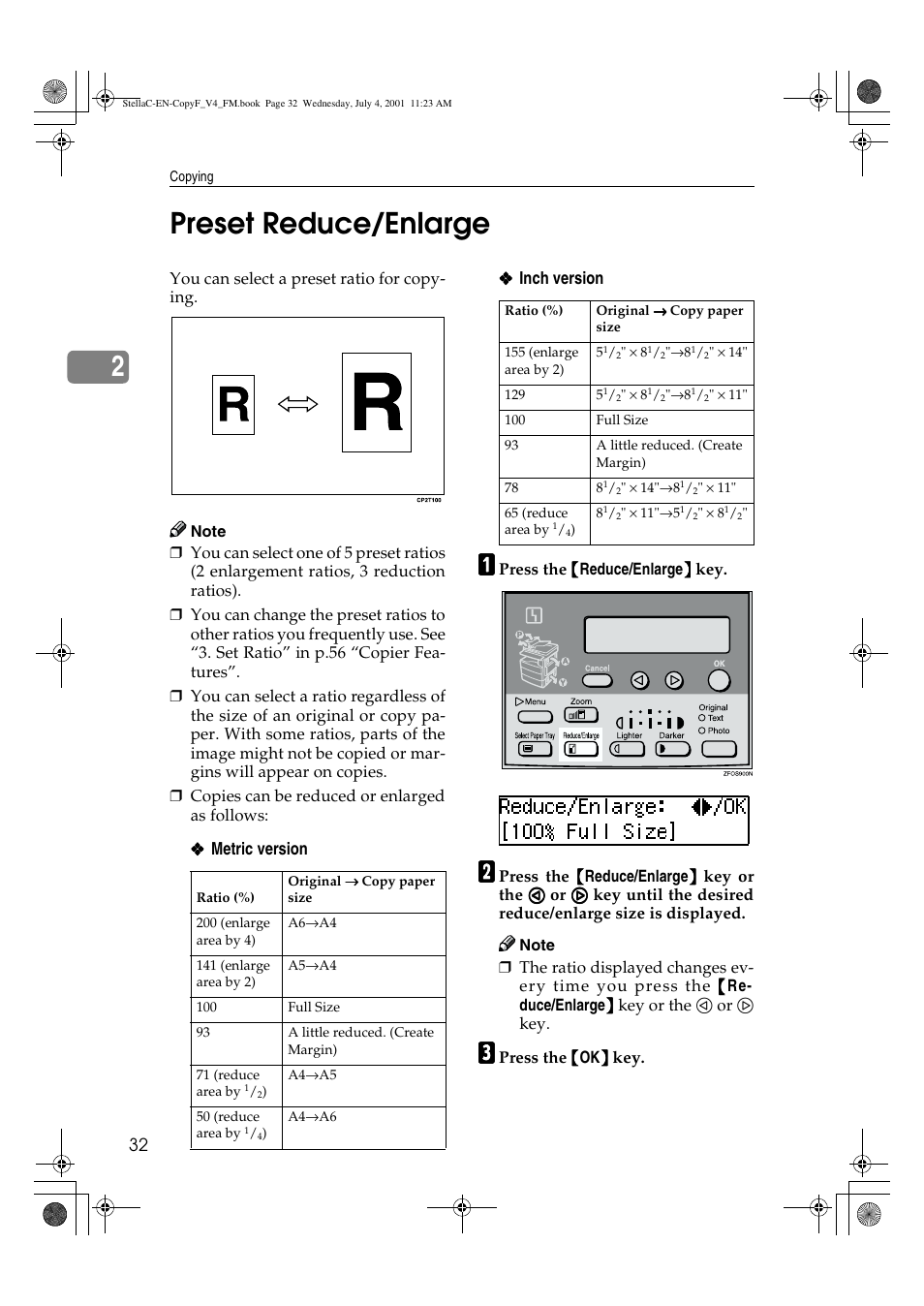 Preset reduce/enlarge, 2preset reduce/enlarge | Lanier 5613 User Manual | Page 44 / 86