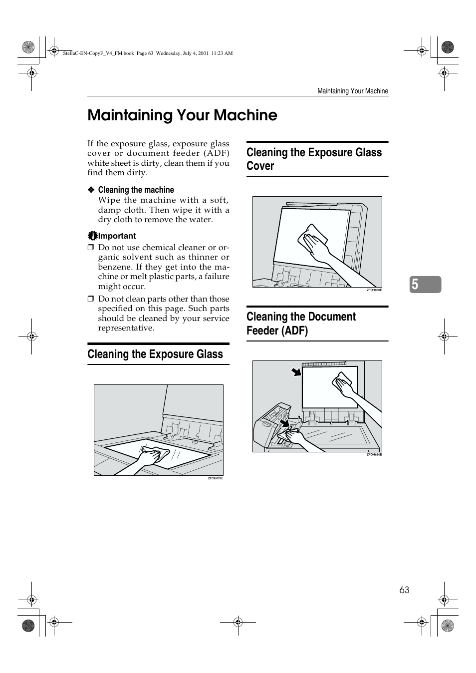 Maintaining your machine, Cleaning the exposure glass, Cleaning the exposure glass cover | Cleaning the document feeder (adf), 5maintaining your machine | Lanier 5613 User Manual | Page 75 / 86