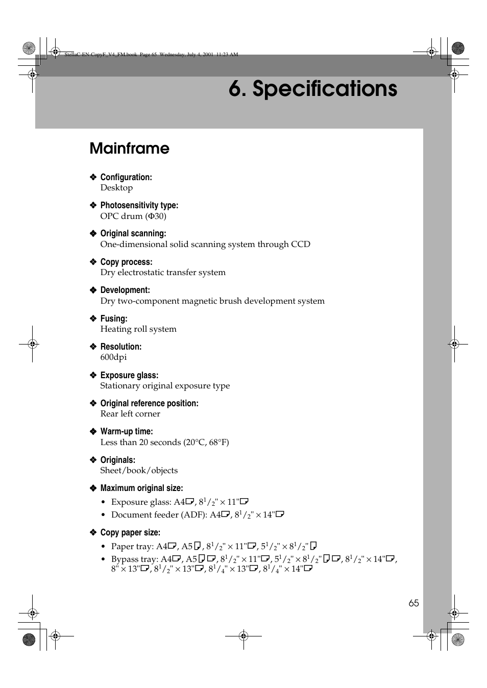 Specifications, Mainframe | Lanier 5613 User Manual | Page 77 / 86