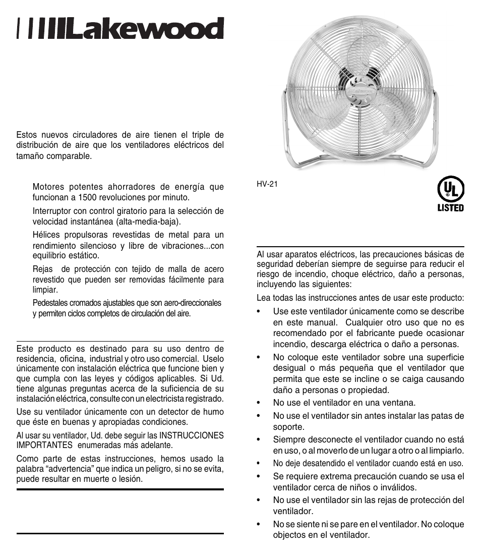 Lea y guarde estas instrucciones | Lakewood Engineering HV-18 User Manual | Page 4 / 6