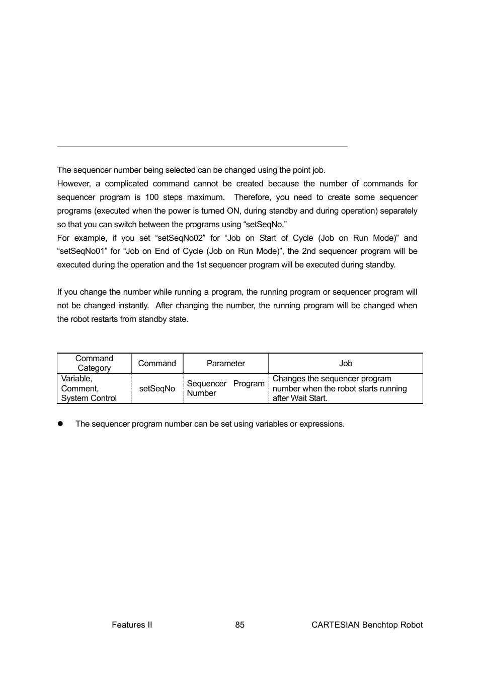 Changing a sequencer program using point job, Setseqno | Loctite CARTESIAN 400 User Manual | Page 103 / 106