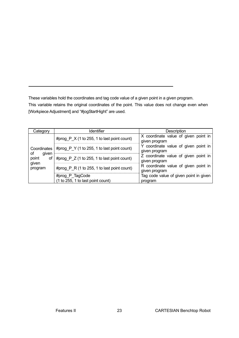Given point coordinates in given programs, Prog_p_x, #prog_p_y, #prog_p_z, Prog_p_r, #prog_p_tagcode | Prog_p_y, #prog_p_z | Loctite CARTESIAN 400 User Manual | Page 41 / 106