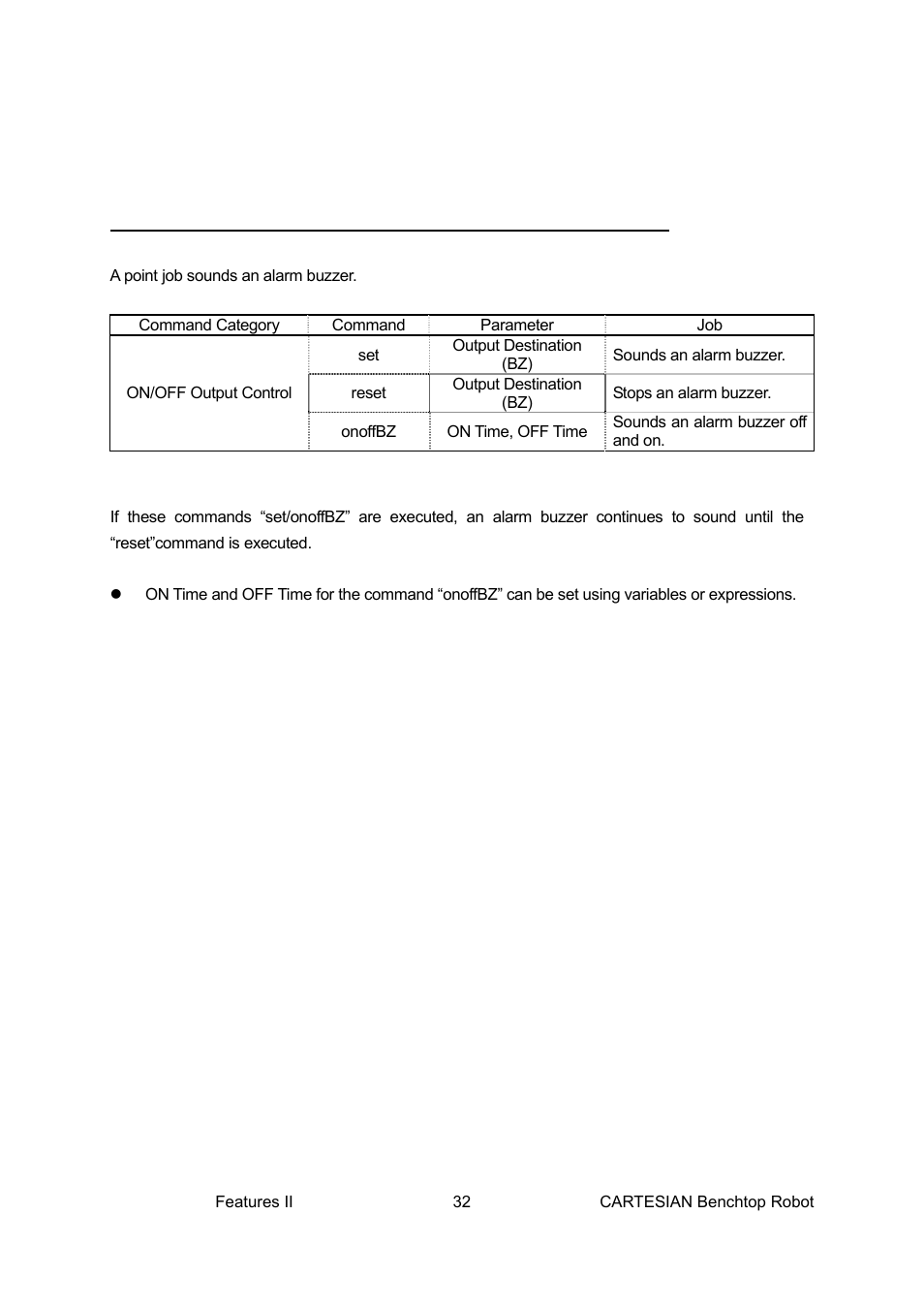Sounding an alarm buzzer: onoffbz | Loctite CARTESIAN 400 User Manual | Page 50 / 106
