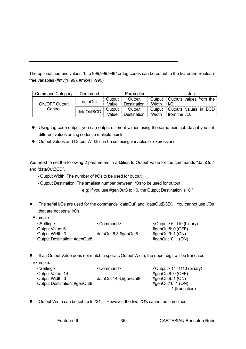 Outputting values from i/o: dataout,dataoutbcd | Loctite CARTESIAN 400 User Manual | Page 53 / 106