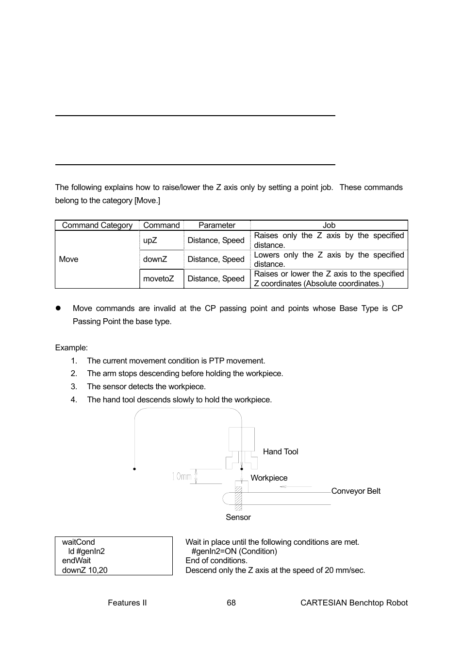 Controlling tool movement, Moving the z axis: upz, downz, movetoz | Loctite CARTESIAN 400 User Manual | Page 86 / 106