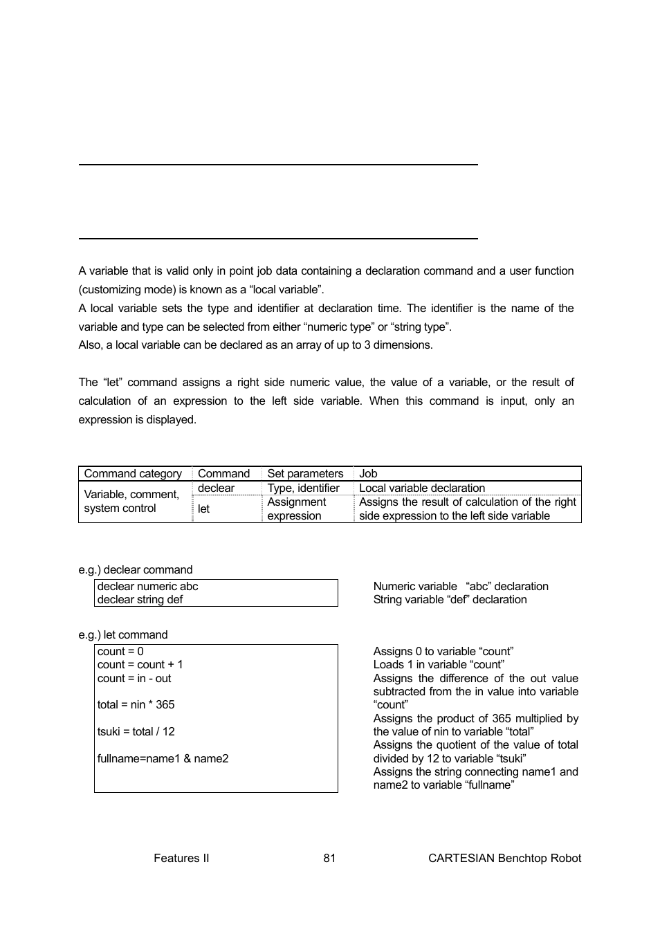 Variables, comments, system control | Loctite CARTESIAN 400 User Manual | Page 99 / 106