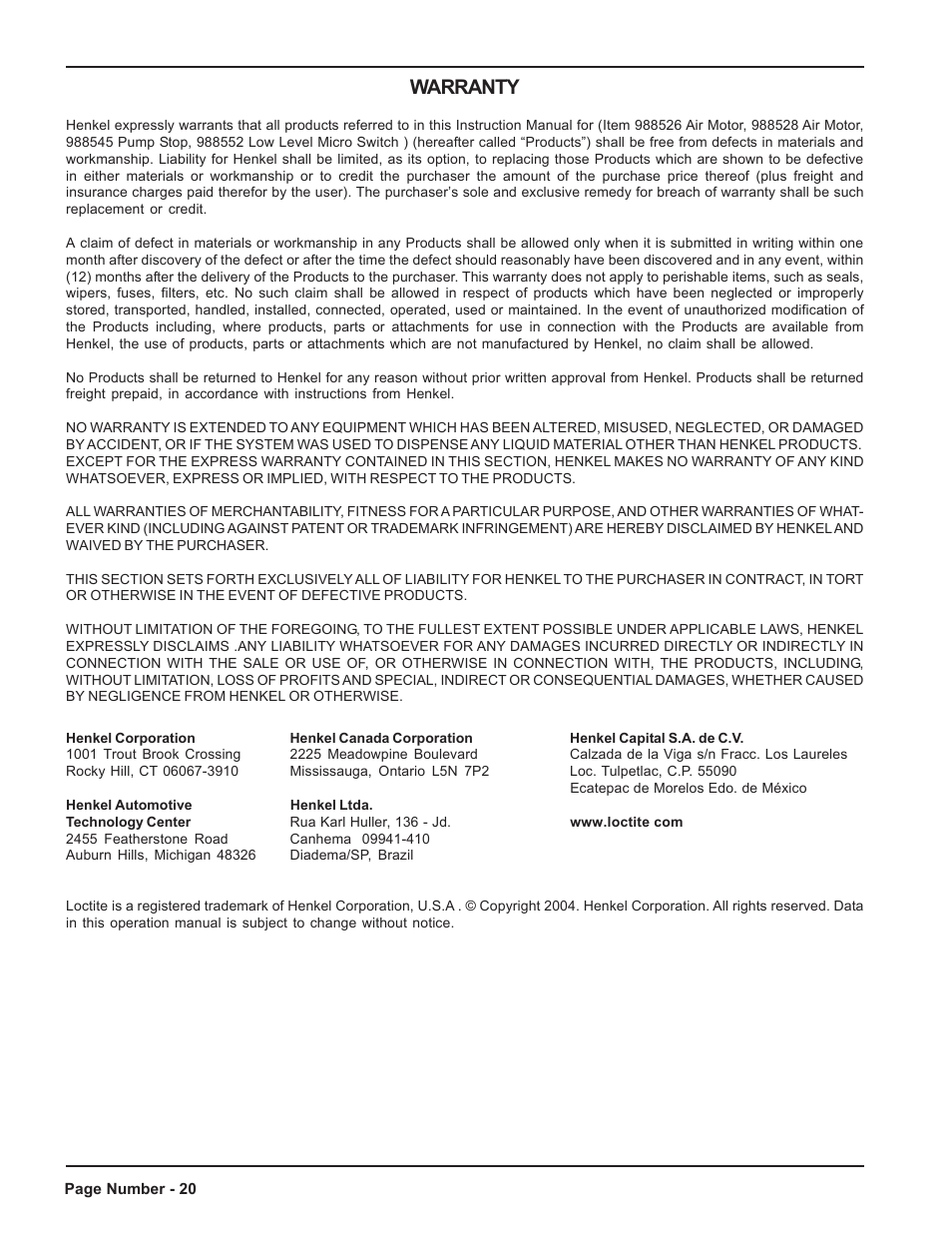 Warranty | Loctite AC988557 User Manual | Page 20 / 20