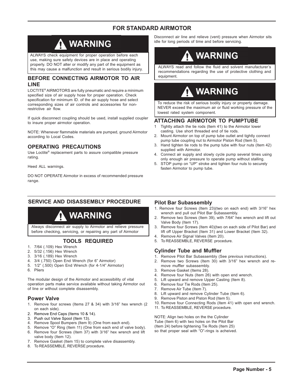 For standard airmotor, Before connecting airmotor to air line, Operating precautions | Attaching airmotor to pumptube, Service and disassembly procedure tools required, Power valve, Pilot bar subassembly, Cylinder tube and muffler | Loctite AC988557 User Manual | Page 5 / 20