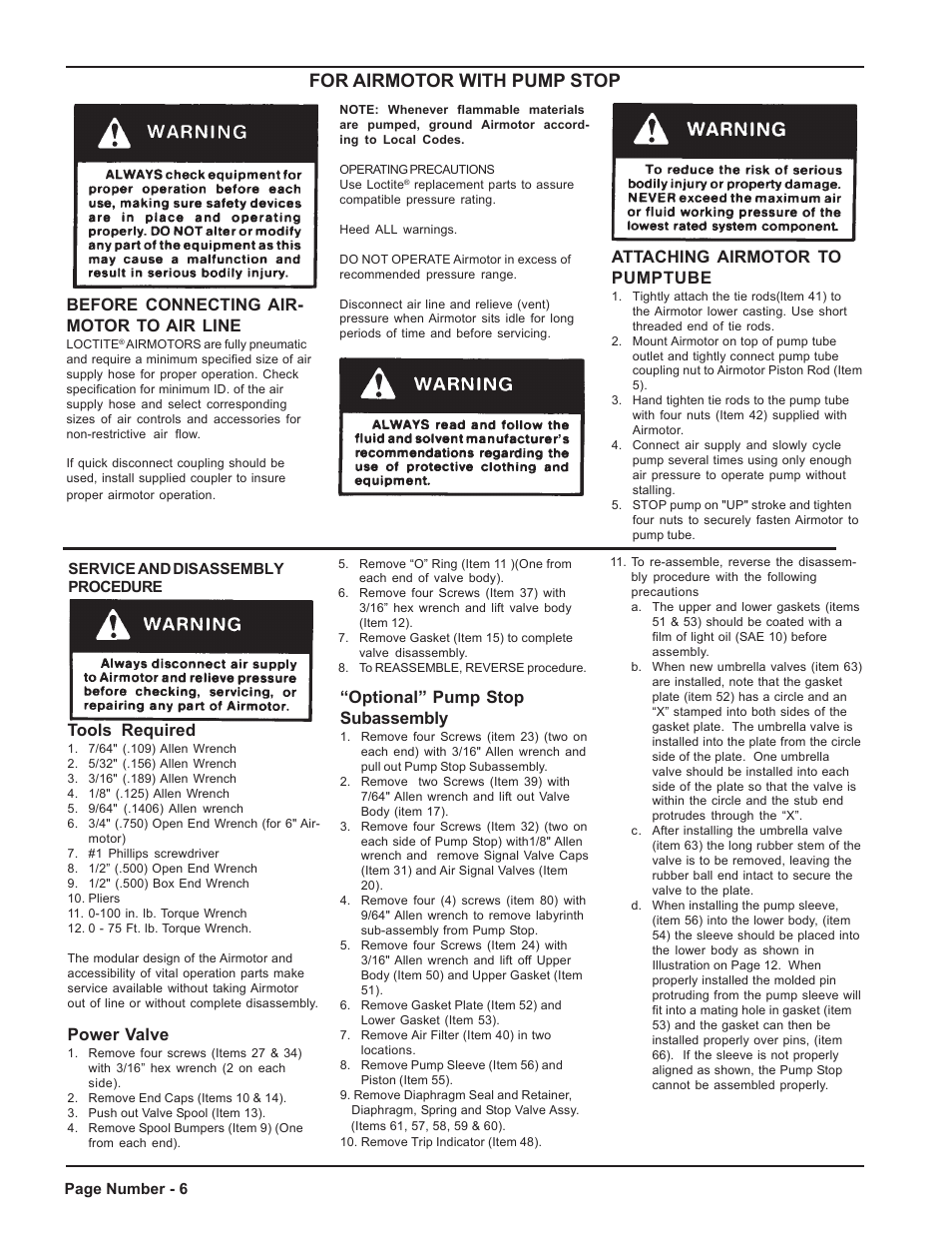 For airmotor with pump stop, Before connecting air- motor to air line, Attaching airmotor to pumptube | Tools required, Power valve, Optional” pump stop subassembly | Loctite AC988557 User Manual | Page 6 / 20