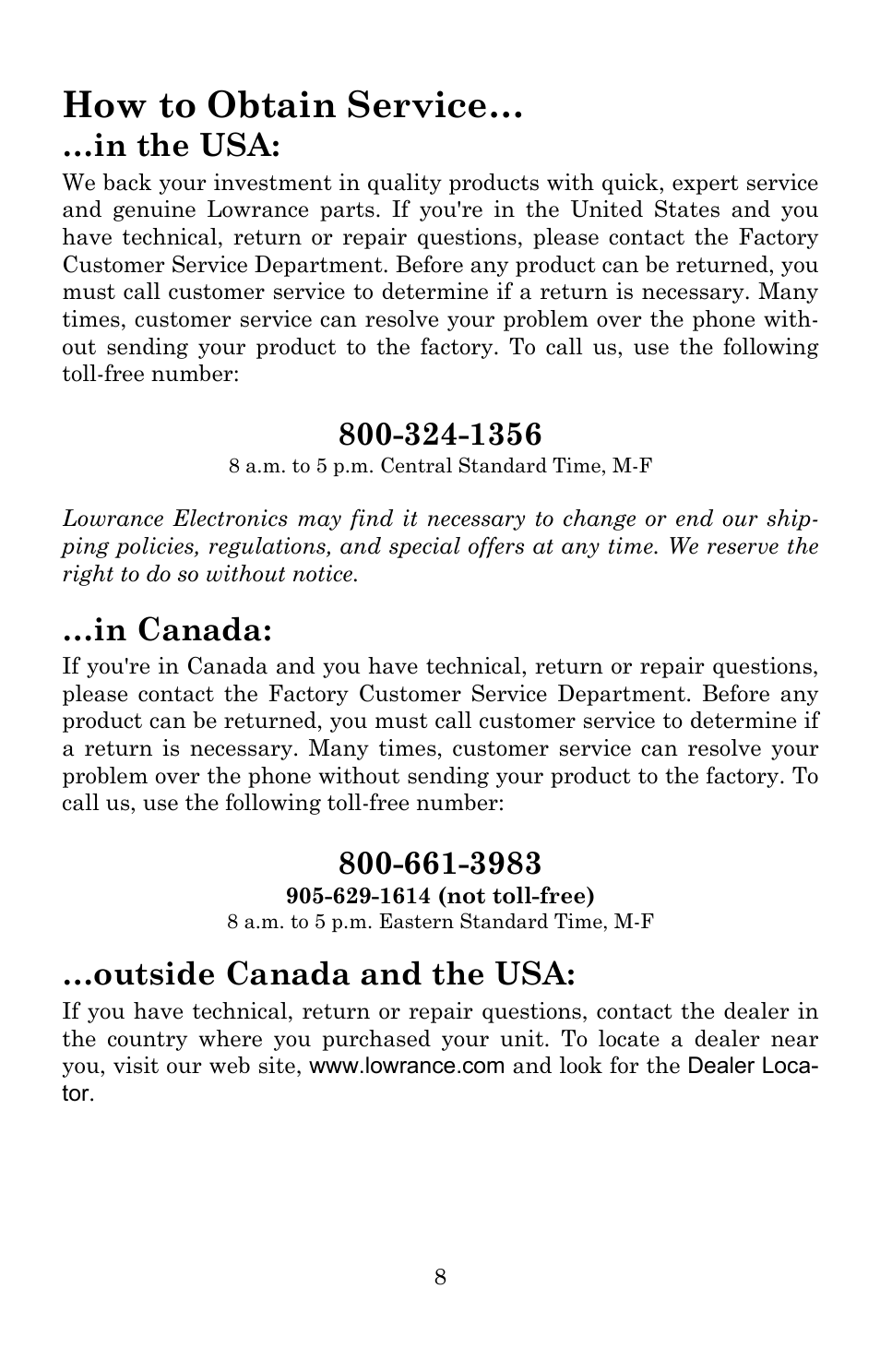 How to obtain service, Outside canada and the usa | Lowrance electronic RIM 300 User Manual | Page 10 / 12