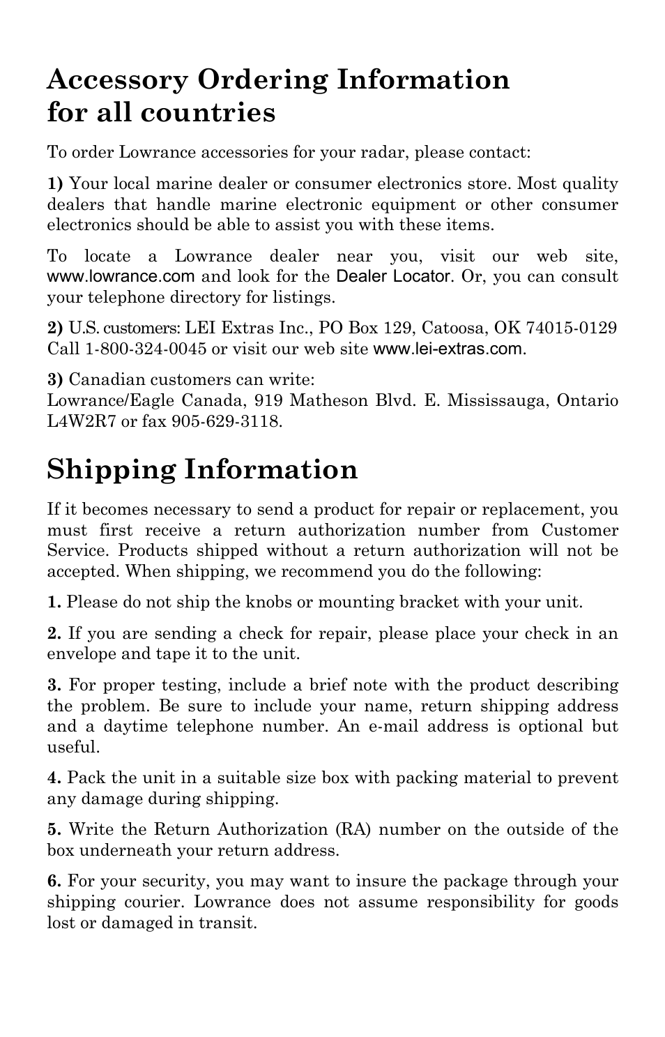 Accessory ordering information for all countries, Shipping information | Lowrance electronic RIM 300 User Manual | Page 11 / 12