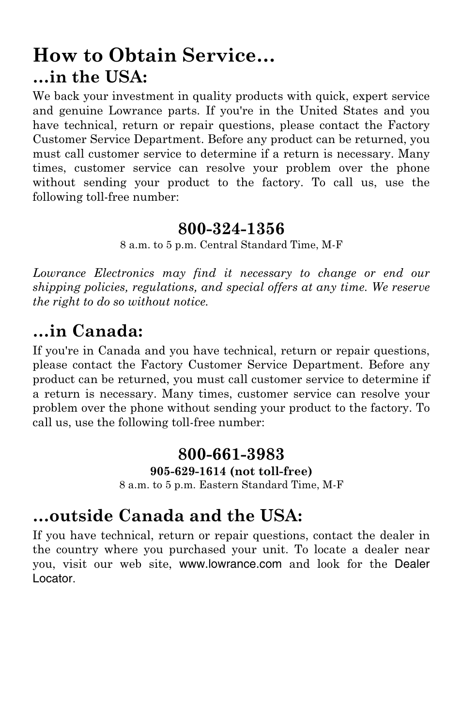 How to obtain service, Outside canada and the usa | Lowrance electronic 3200 User Manual | Page 126 / 128