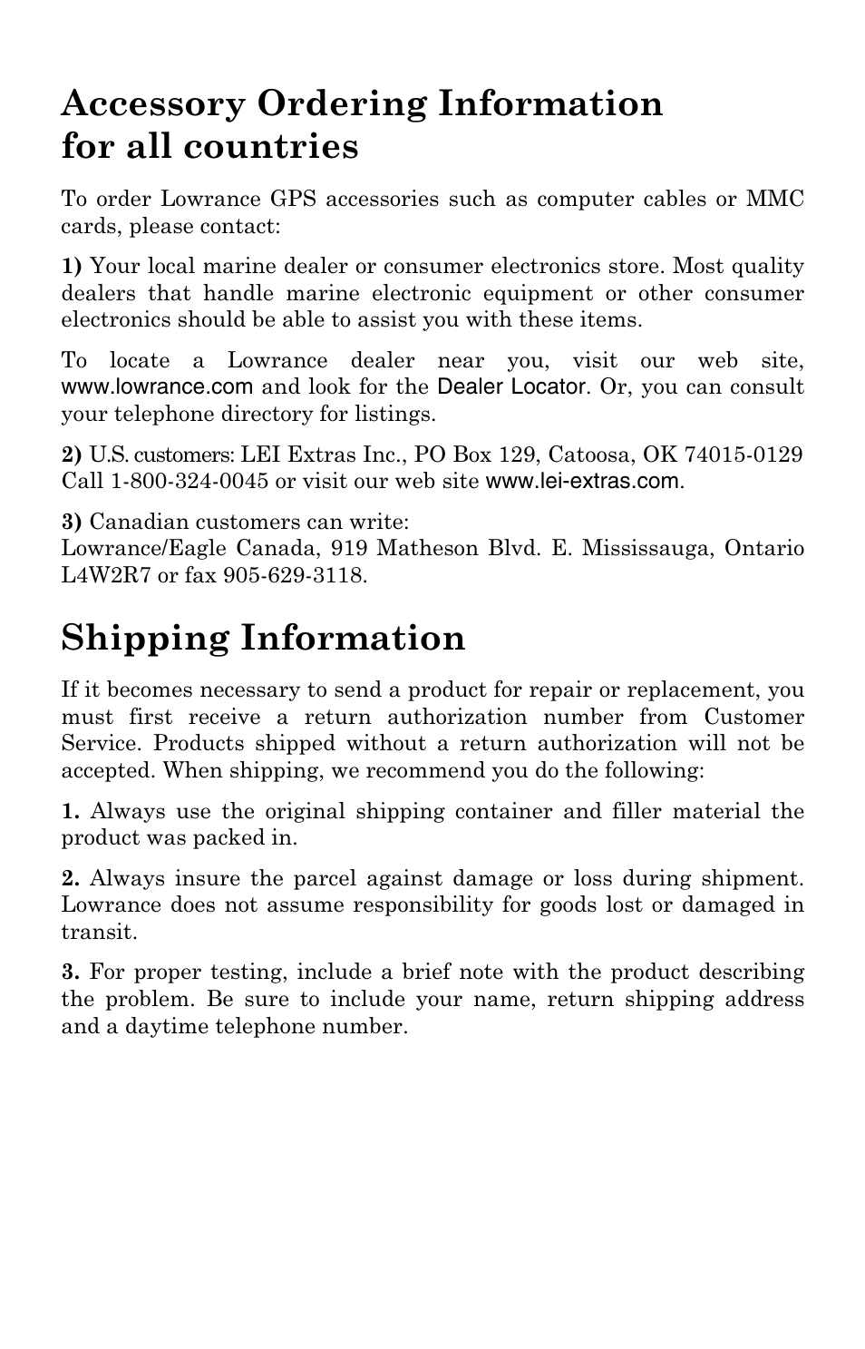 Accessory ordering information for all countries, Shipping information | Lowrance electronic 3200 User Manual | Page 127 / 128