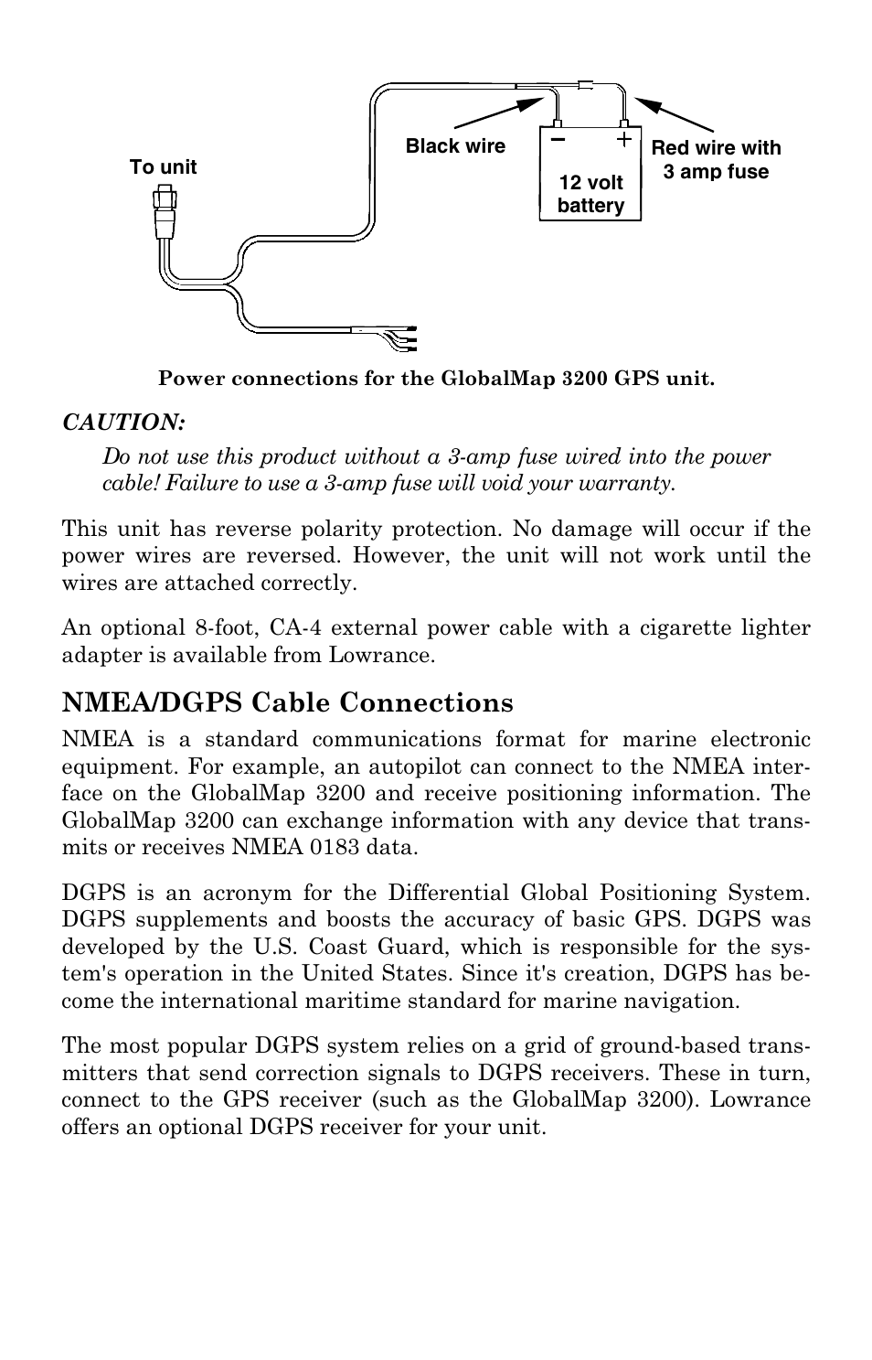 Nmea/dgps cable connections | Lowrance electronic 3200 User Manual | Page 19 / 128