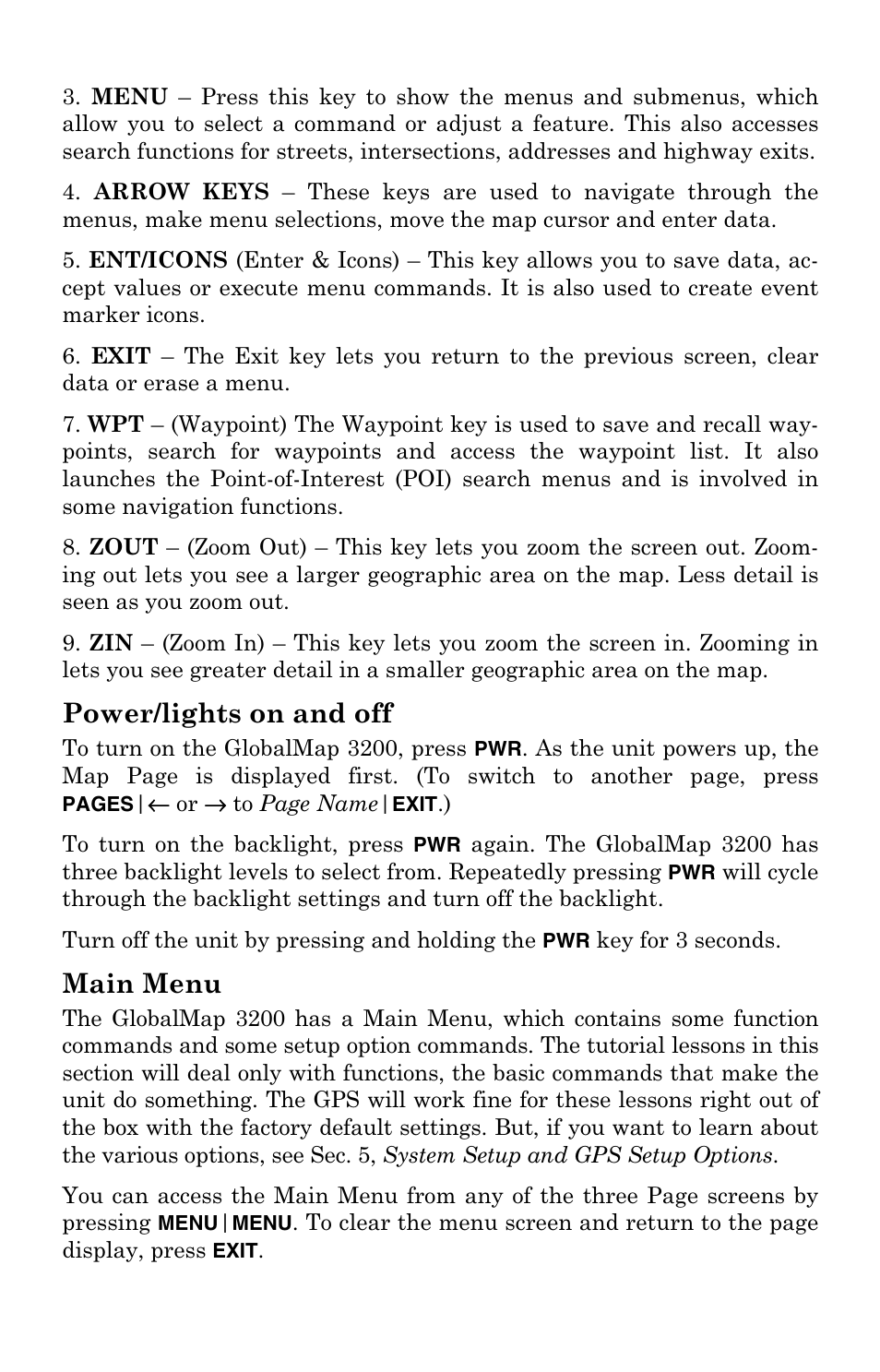 Power/lights on and off, Main menu | Lowrance electronic 3200 User Manual | Page 28 / 128