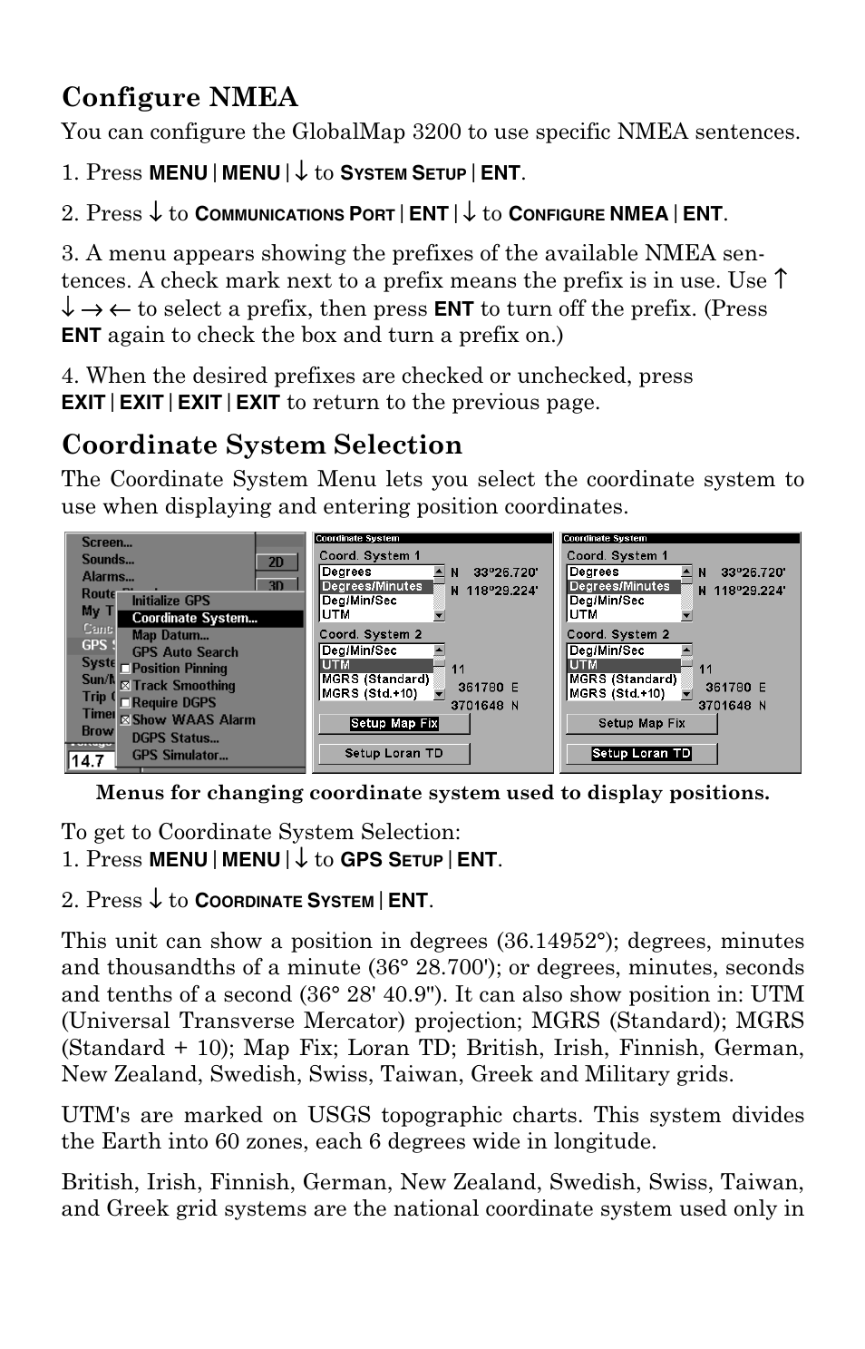 Configure nmea, Coordinate system selection | Lowrance electronic 3200 User Manual | Page 77 / 128