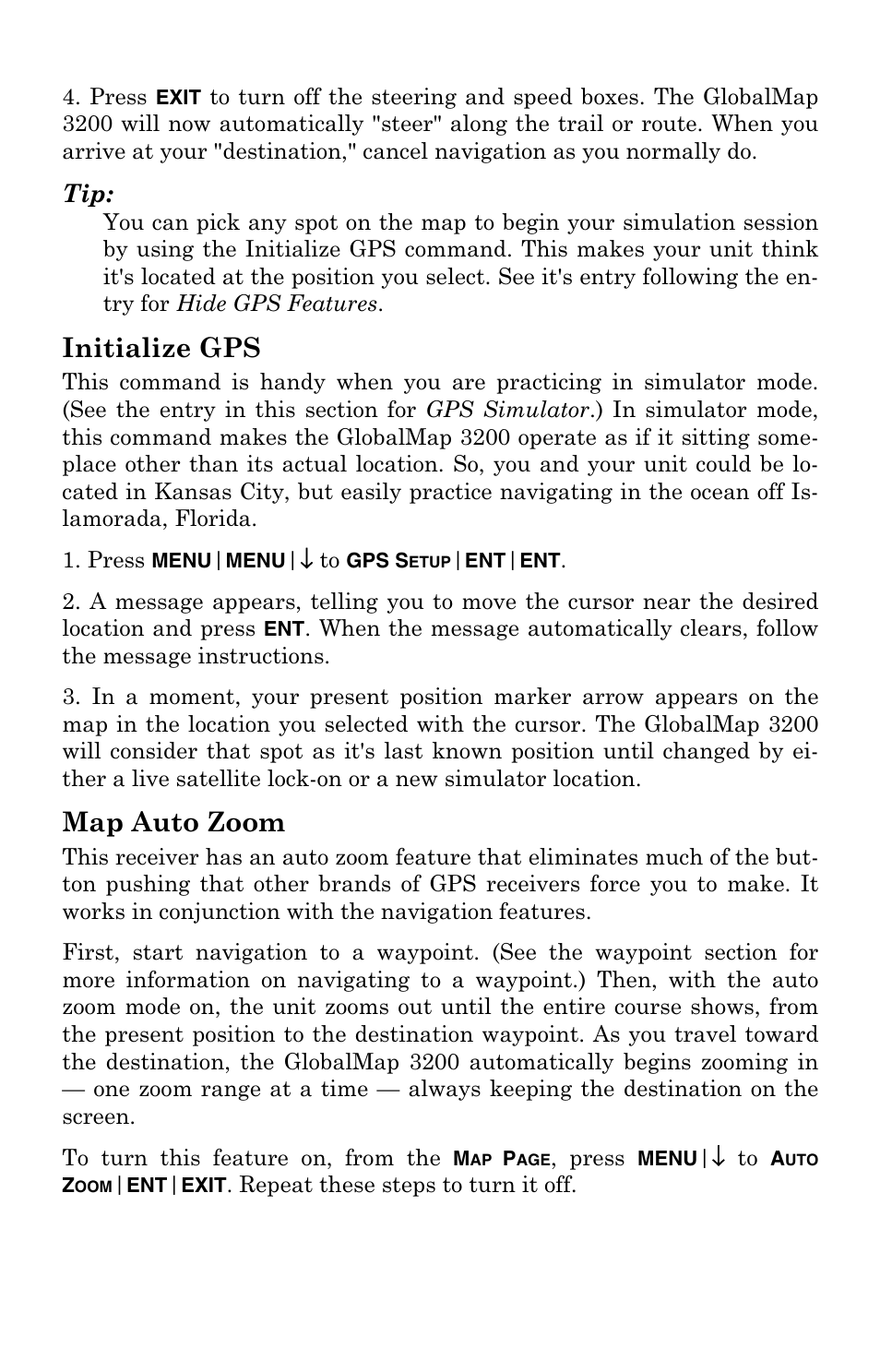 Initialize gps, Map auto zoom | Lowrance electronic 3200 User Manual | Page 82 / 128