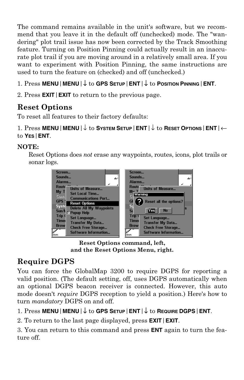 Reset options, Require dgps | Lowrance electronic 3200 User Manual | Page 93 / 128