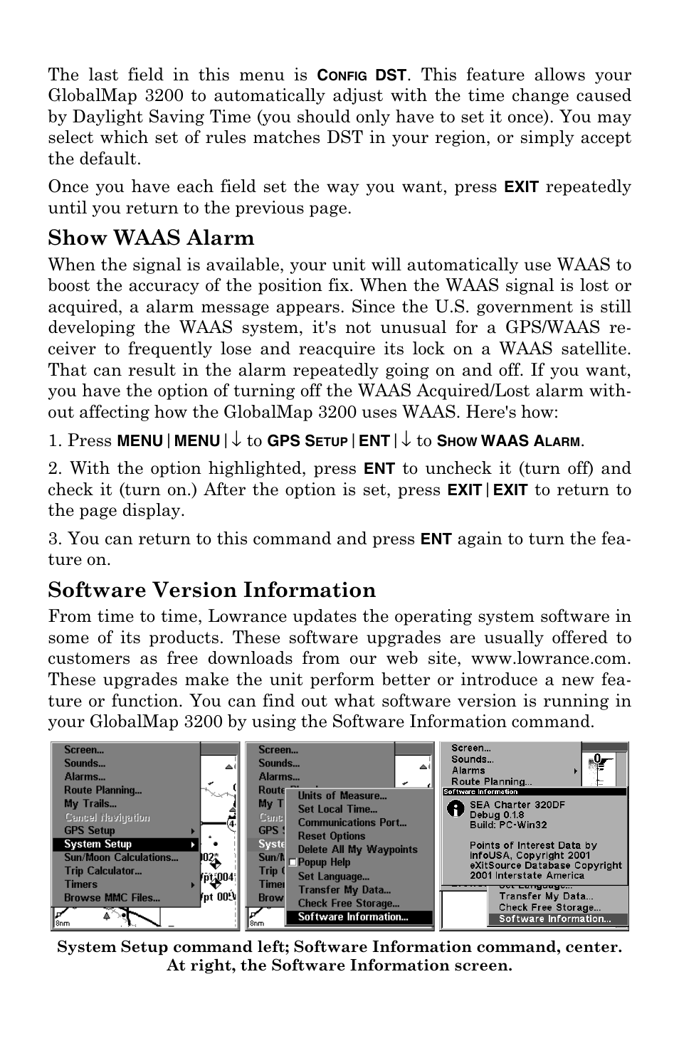 Show waas alarm, Software version information | Lowrance electronic 3200 User Manual | Page 96 / 128