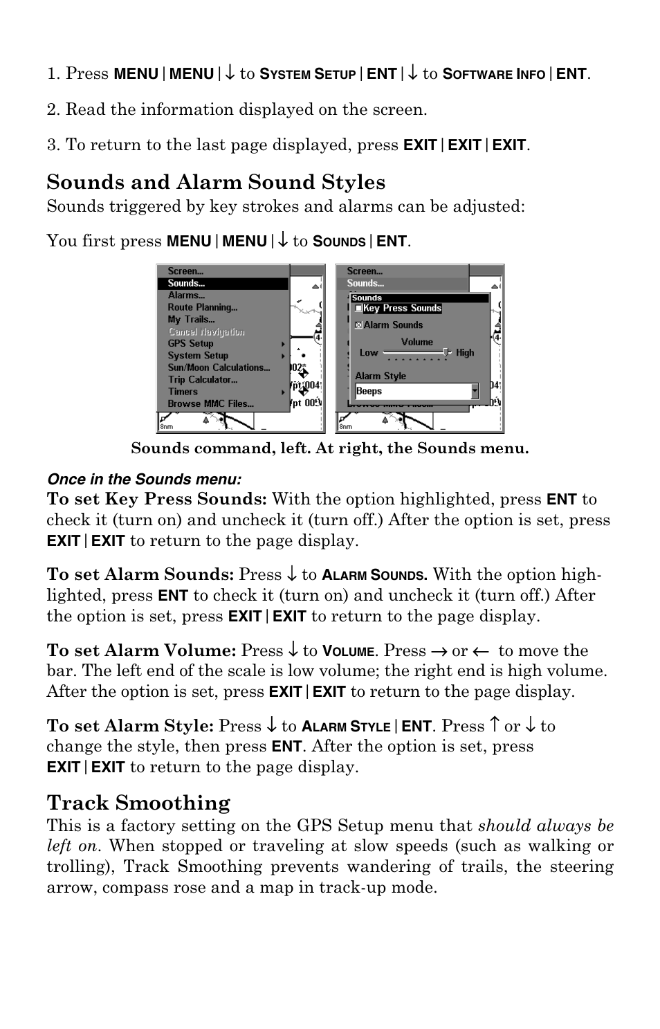 Sounds and alarm sound styles, Track smoothing | Lowrance electronic 3200 User Manual | Page 97 / 128