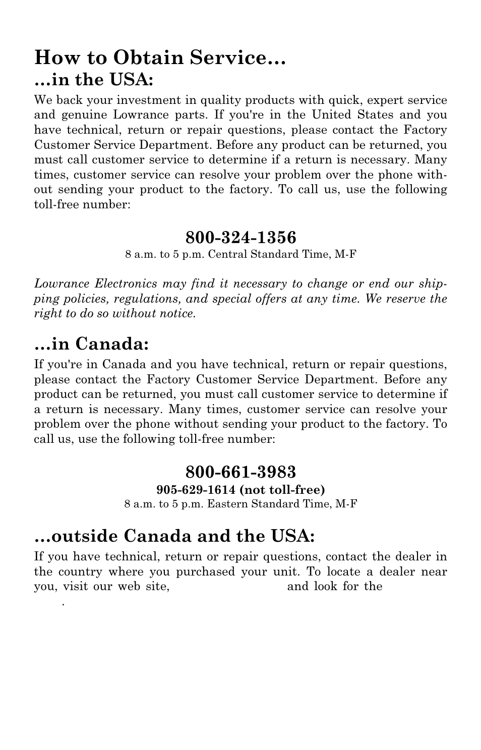 How to obtain service, Outside canada and the usa | Lowrance electronic IFINDER PRO User Manual | Page 130 / 132