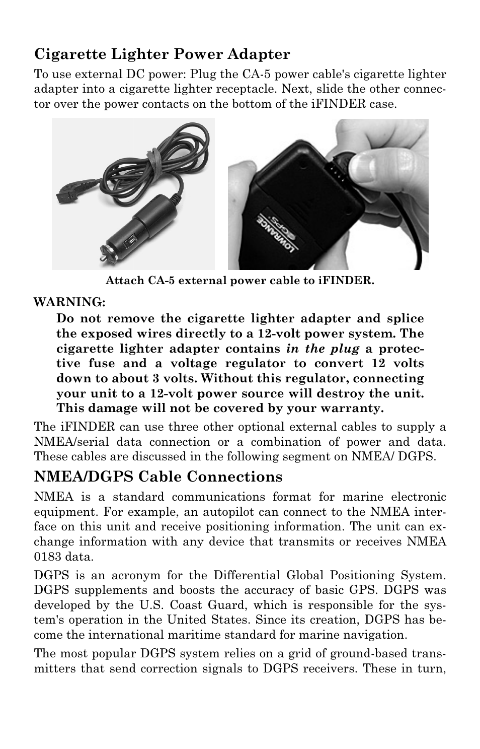 Cigarette lighter power adapter, Nmea/dgps cable connections | Lowrance electronic IFINDER PRO User Manual | Page 19 / 132