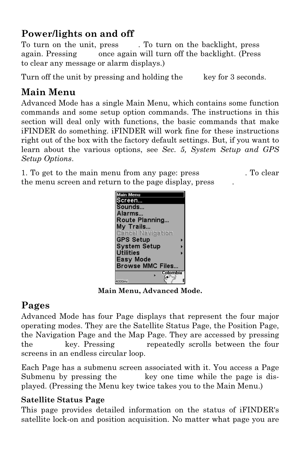 Power/lights on and off, Main menu, Pages | Lowrance electronic IFINDER PRO User Manual | Page 50 / 132