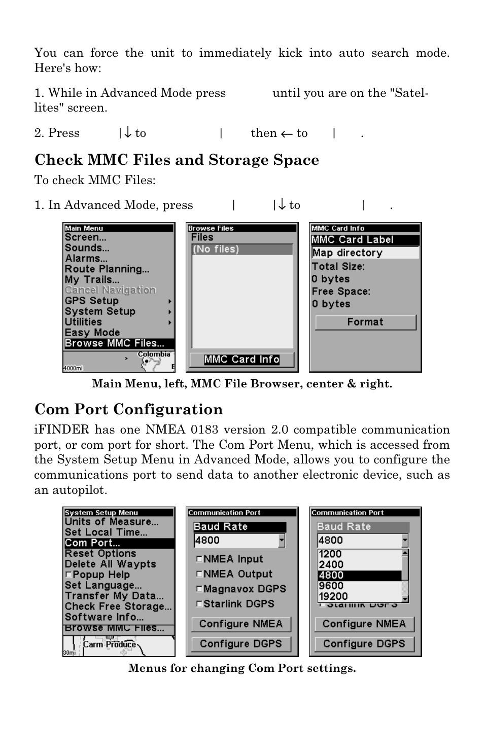 Check mmc files and storage space, Com port configuration | Lowrance electronic IFINDER PRO User Manual | Page 73 / 132