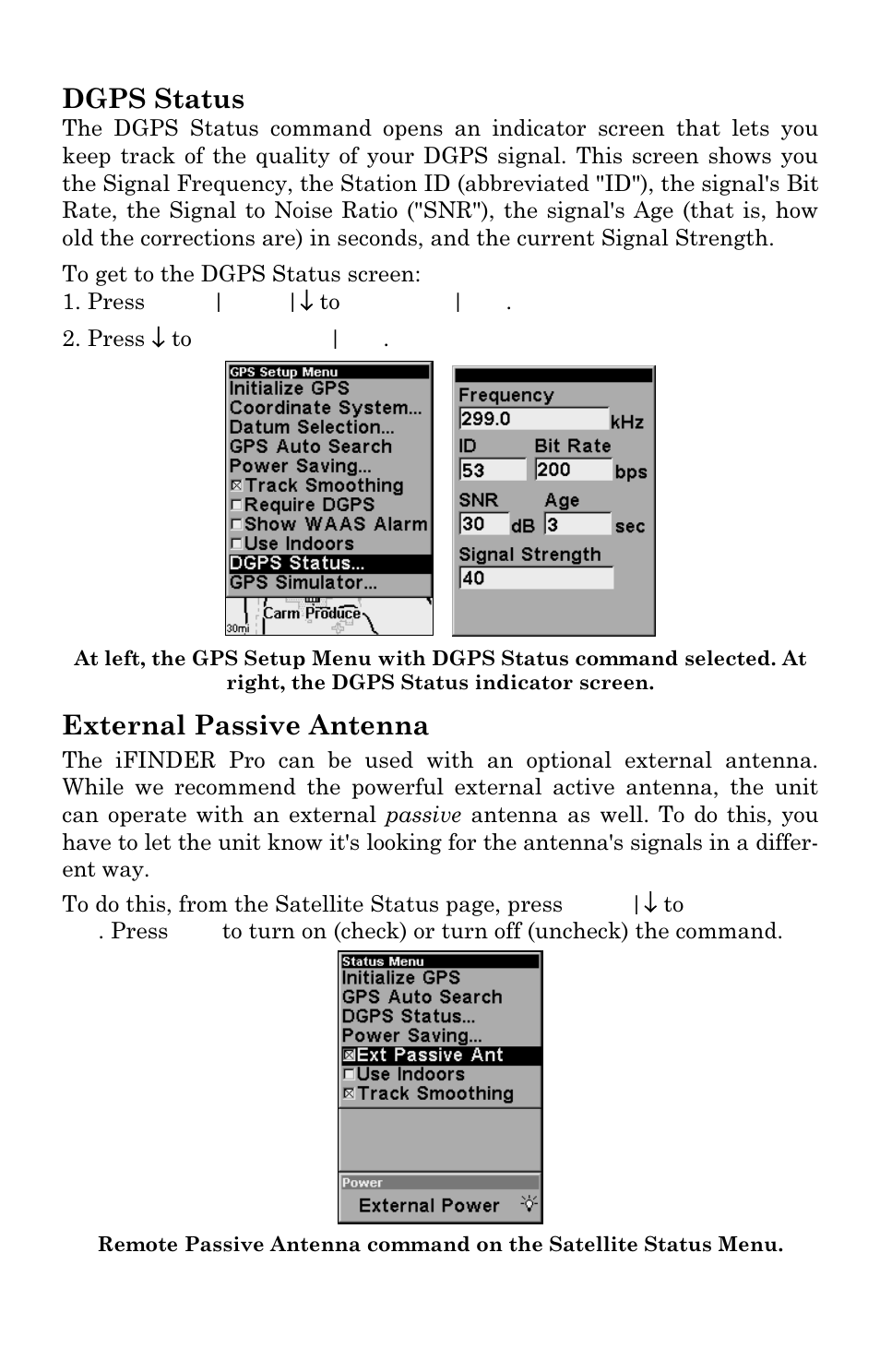 Dgps status, External passive antenna | Lowrance electronic IFINDER PRO User Manual | Page 79 / 132