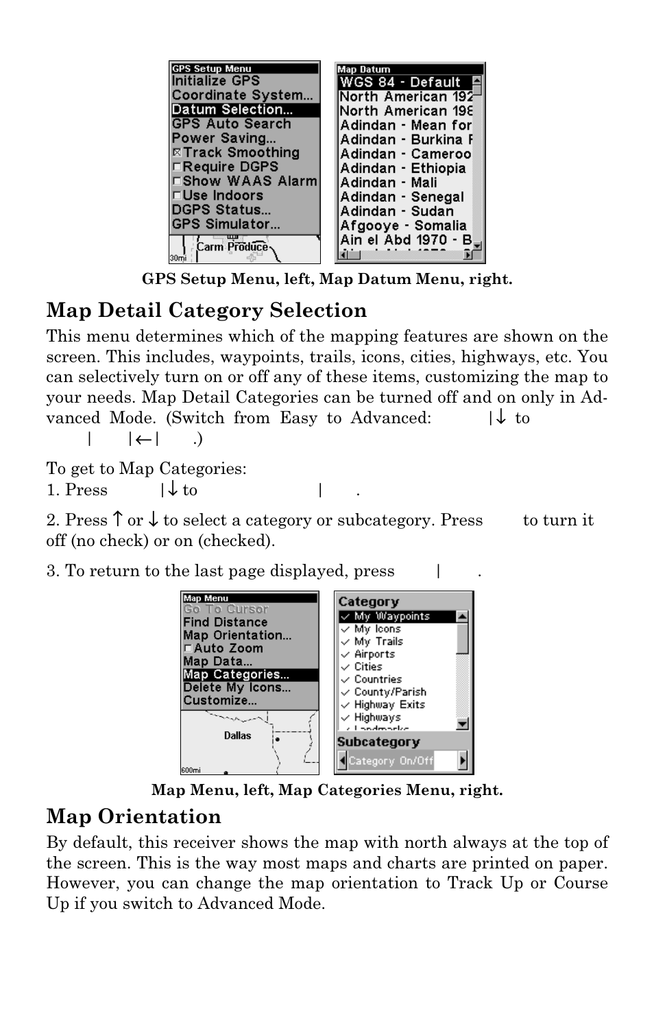 Map detail category selection, Map orientation | Lowrance electronic IFINDER PRO User Manual | Page 84 / 132