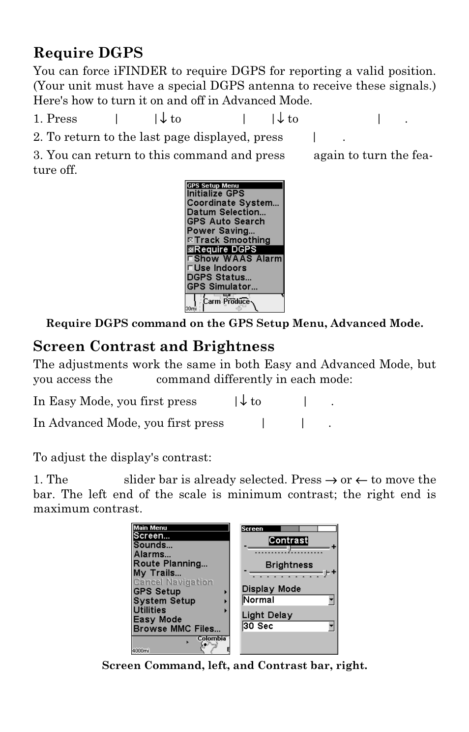 Require dgps, Screen contrast and brightness | Lowrance electronic IFINDER PRO User Manual | Page 95 / 132