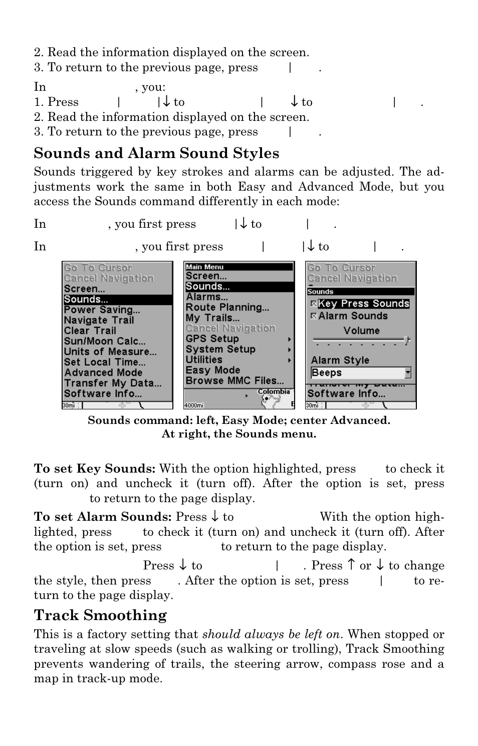 Sounds and alarm sound styles, Track smoothing | Lowrance electronic IFINDER PRO User Manual | Page 99 / 132