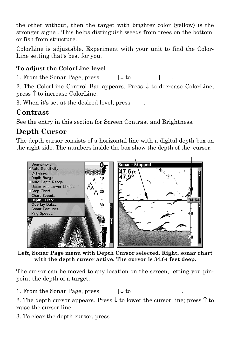 Contrast, Depth cursor | Lowrance electronic X102C User Manual | Page 55 / 92