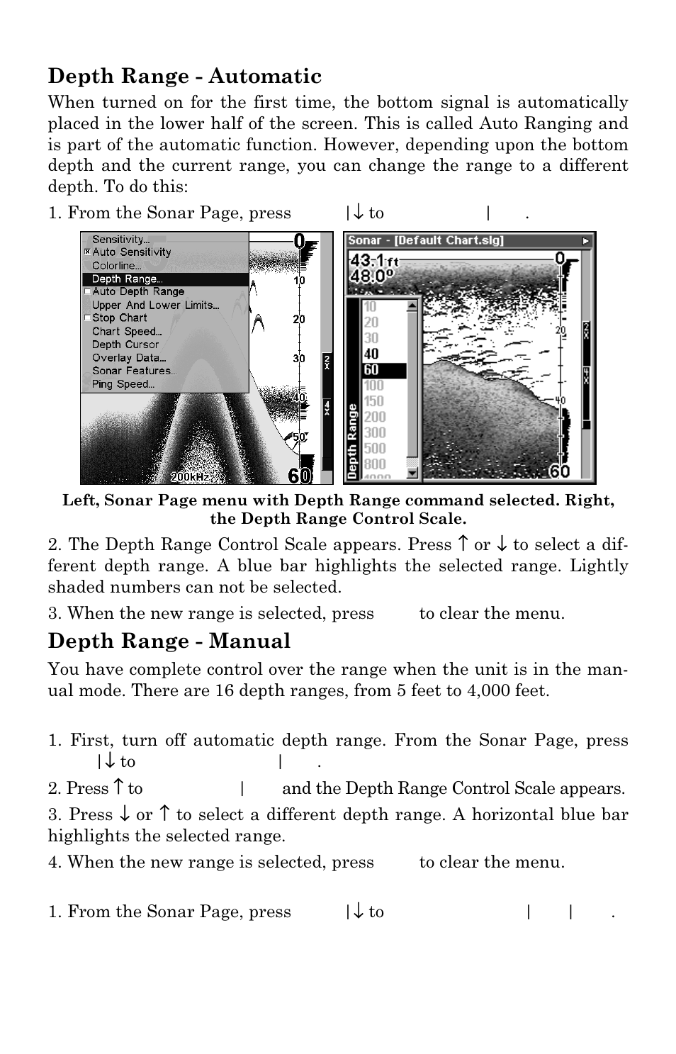 Depth range - automatic, Depth range - manual | Lowrance electronic X102C User Manual | Page 56 / 92