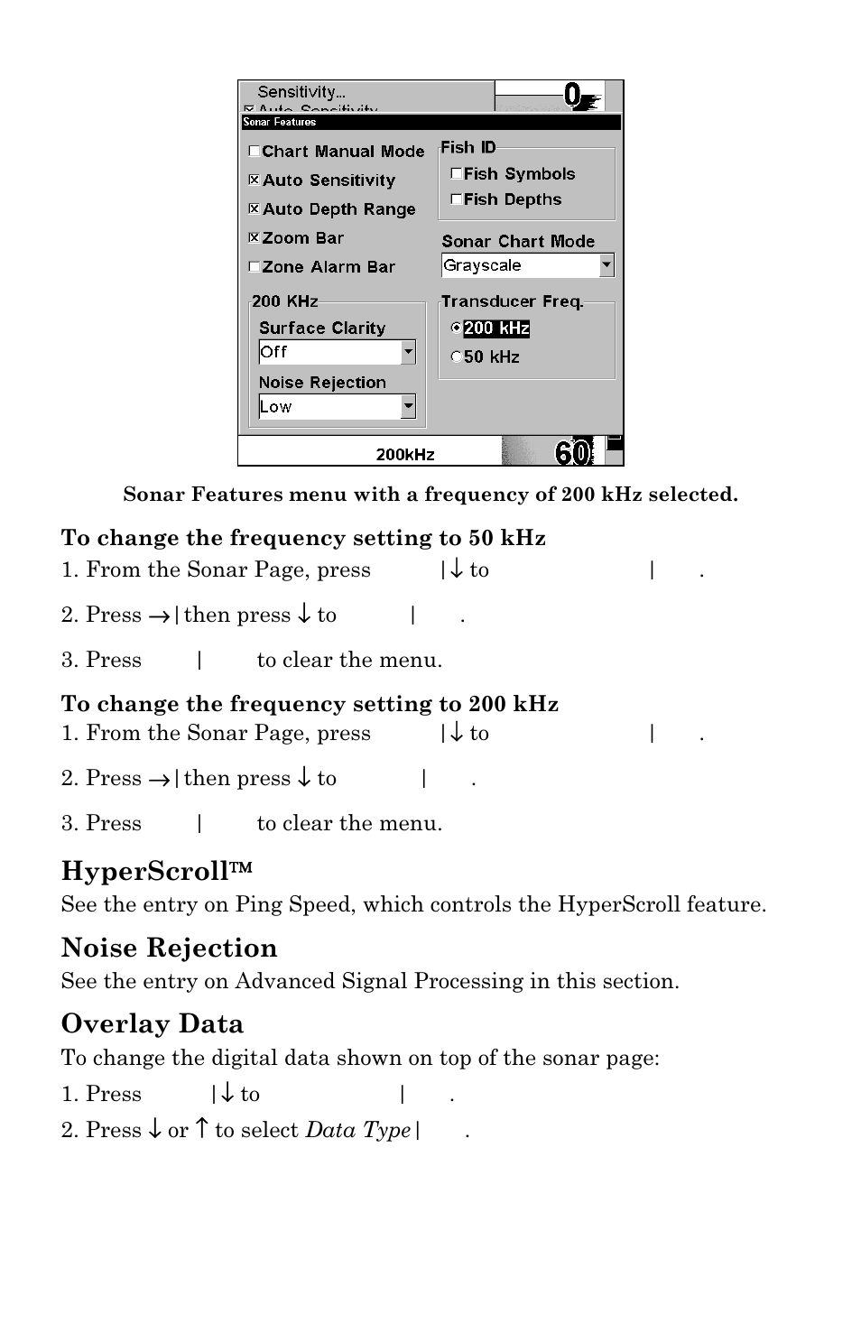 Hyperscroll, Noise rejection, Overlay data | Lowrance electronic X102C User Manual | Page 62 / 92