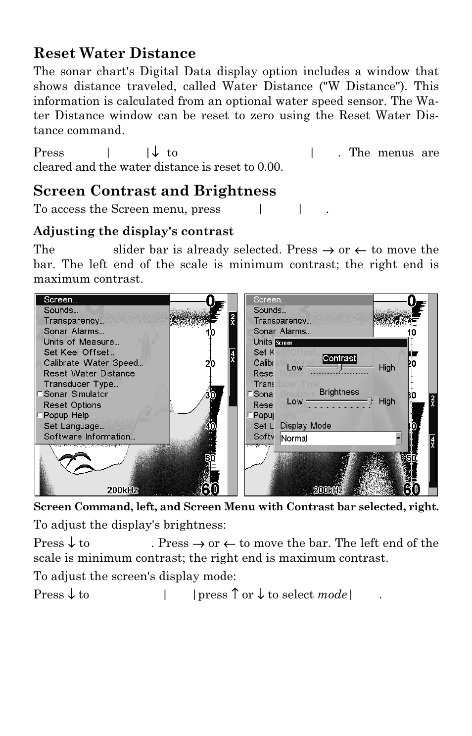 Reset water distance, Screen contrast and brightness | Lowrance electronic X102C User Manual | Page 67 / 92