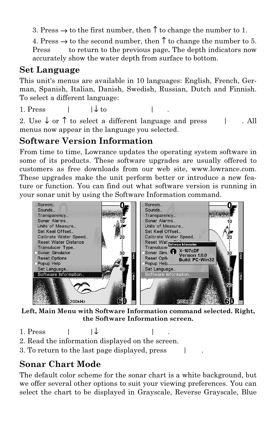 Set language, Software version information, Sonar chart mode | Lowrance electronic X102C User Manual | Page 71 / 92