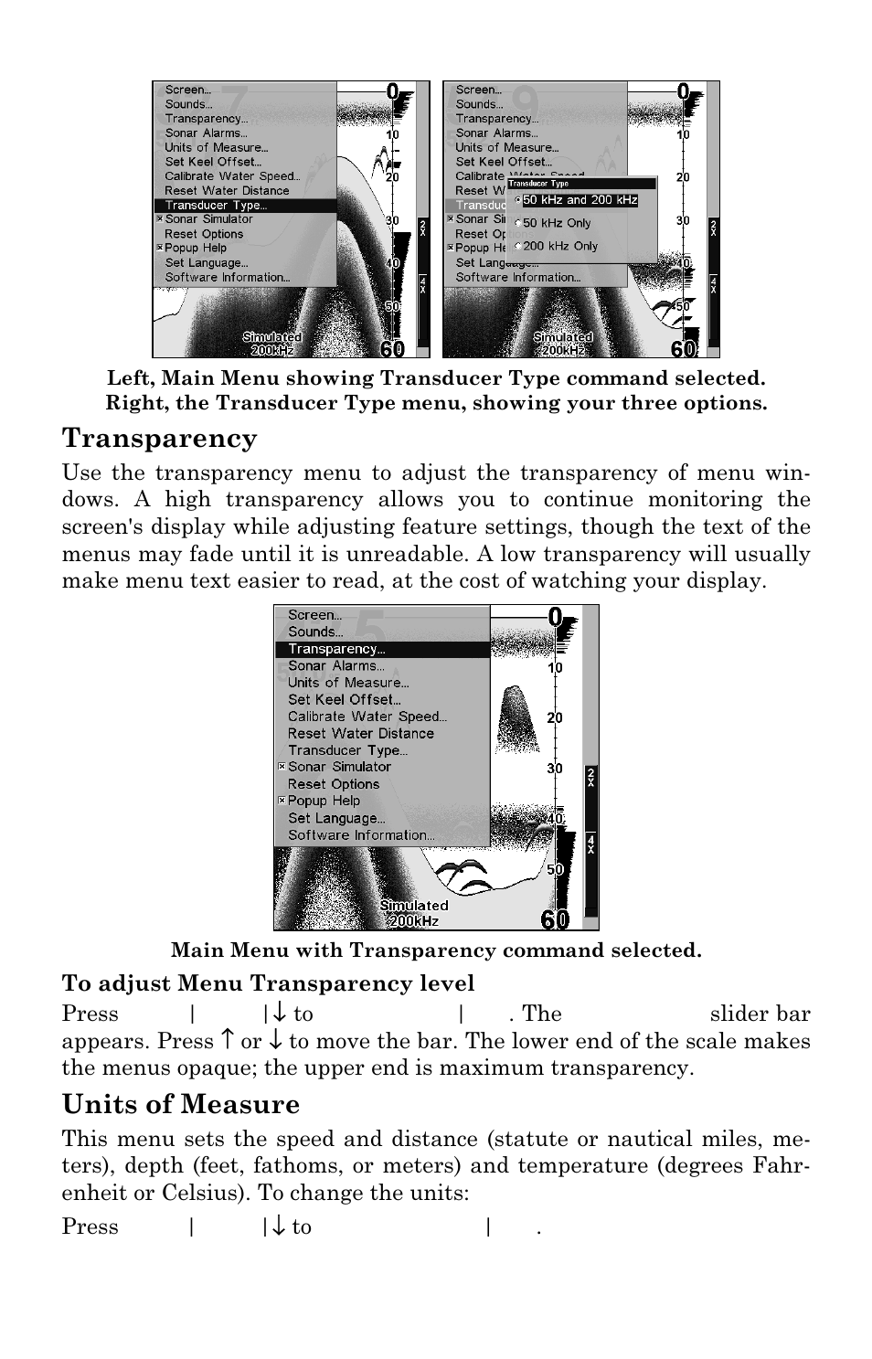 Transparency, Units of measure | Lowrance electronic X102C User Manual | Page 79 / 92