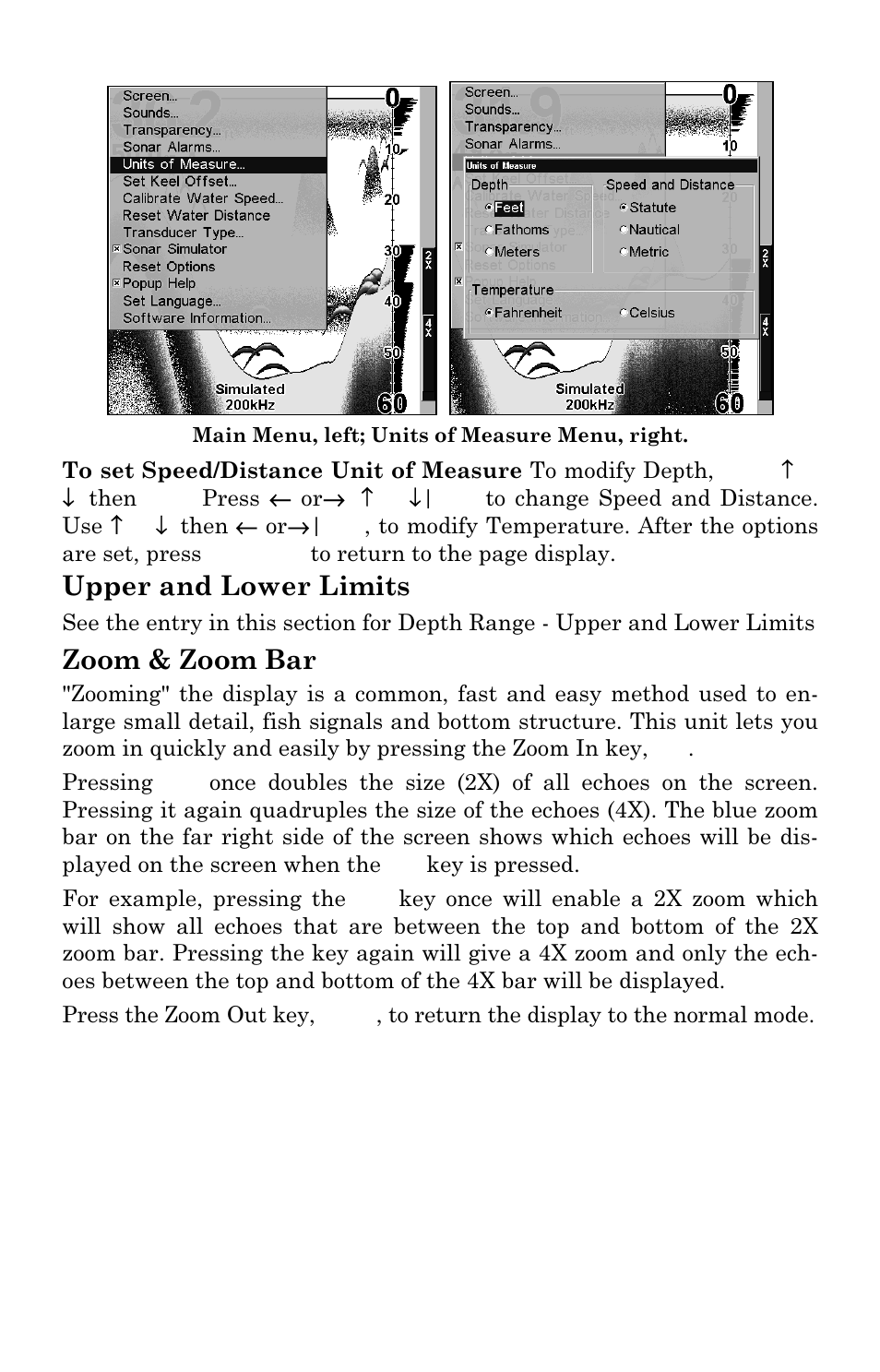 Upper and lower limits, Zoom & zoom bar | Lowrance electronic X102C User Manual | Page 80 / 92