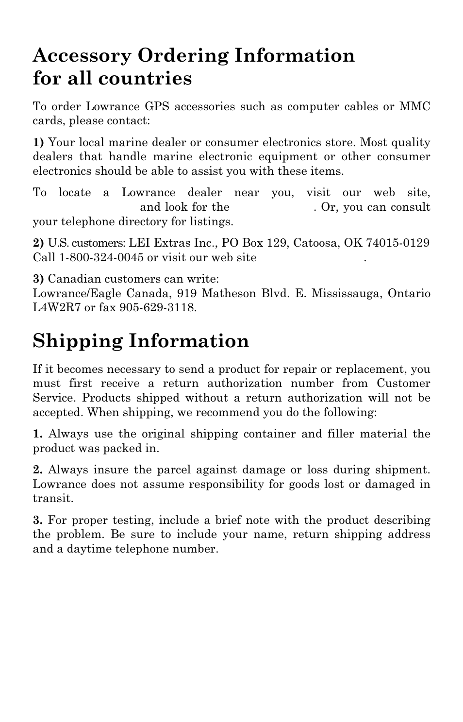 Accessory ordering information for all countries, Shipping information | Lowrance electronic X102C User Manual | Page 91 / 92