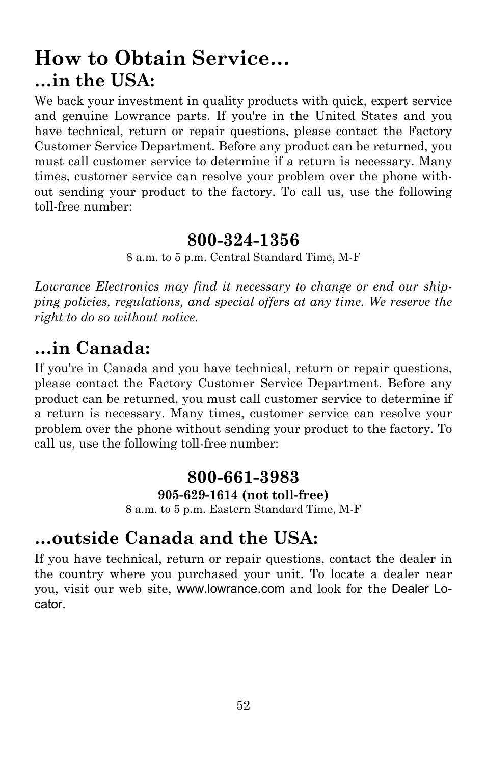 How to obtain service, Outside canada and the usa | Lowrance electronic 988-0161-011 User Manual | Page 58 / 60